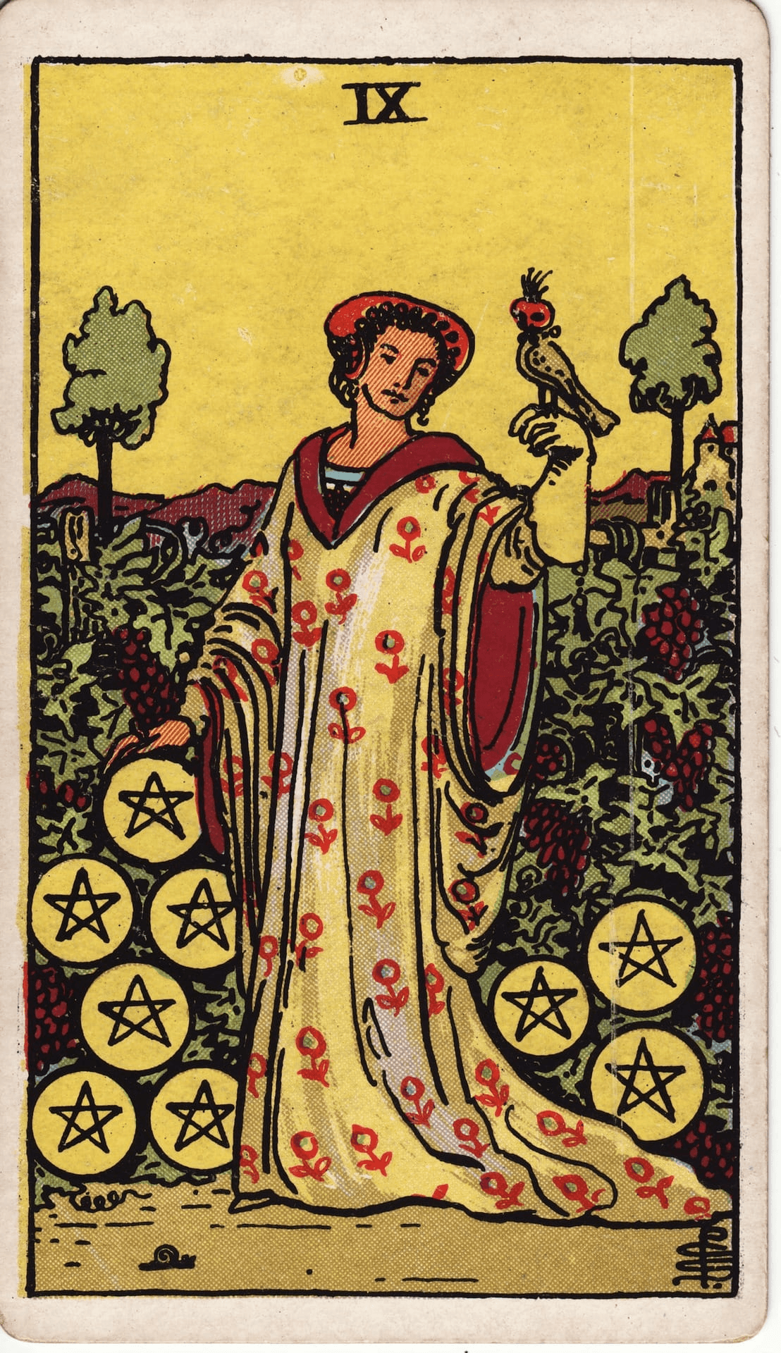 Devetka Pentakli tarot karta