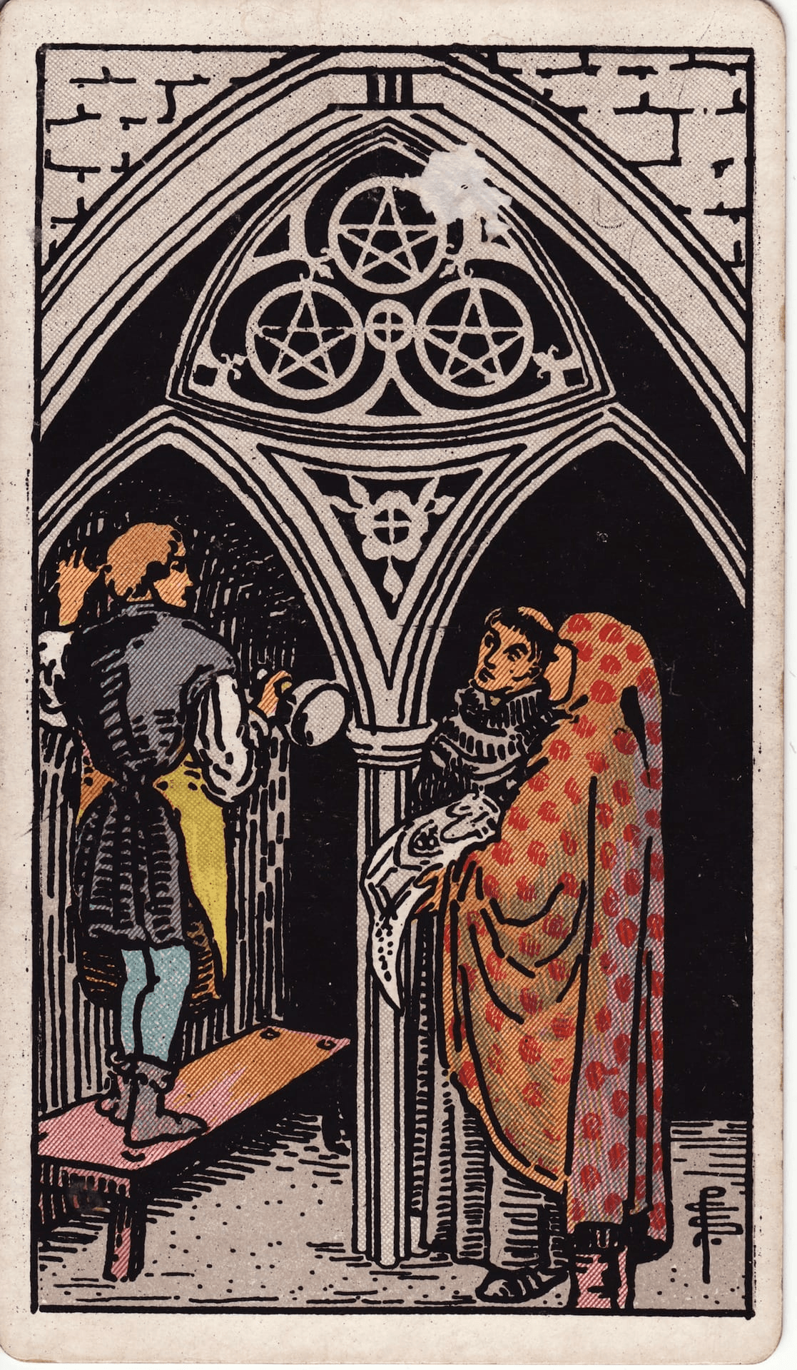 Trojka Pentakli tarot karta