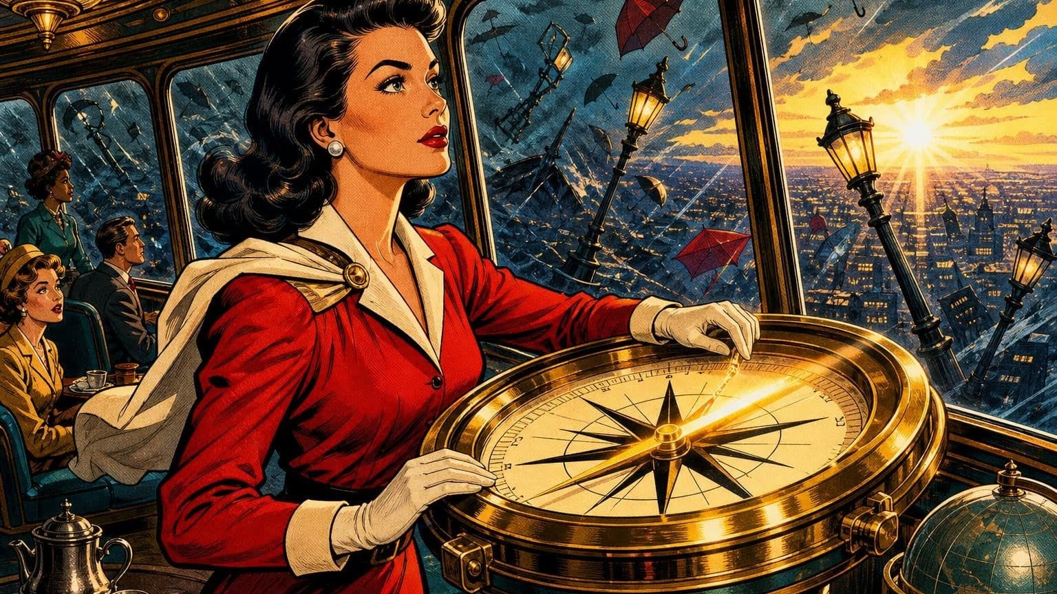 Retro strip ilustracija uz poruku dana „Usmjeri tihi kompas”
