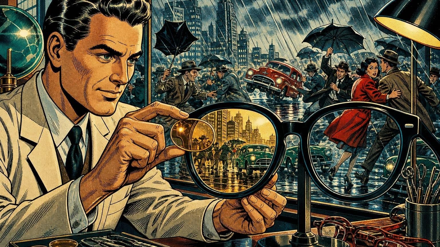 Retro strip ilustracija uz poruku dana „Kalibriraj leću mašte”