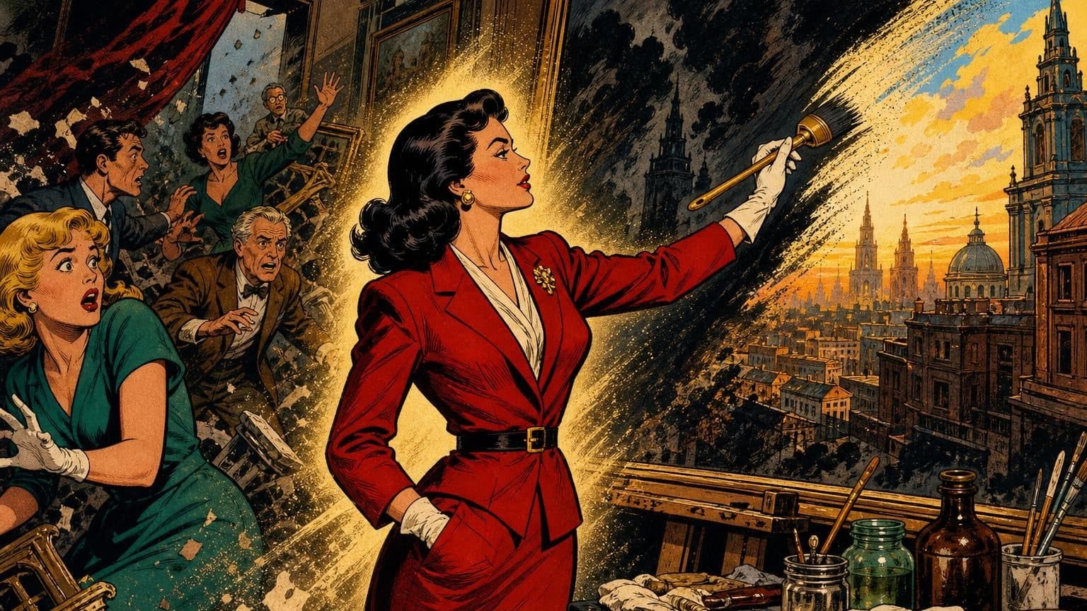 Retro strip ilustracija uz poruku dana „Očisti značenje prizora”