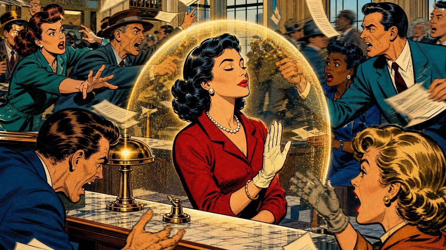 Retro strip ilustracija uz poruku dana „Pauza prije stare reakcije”