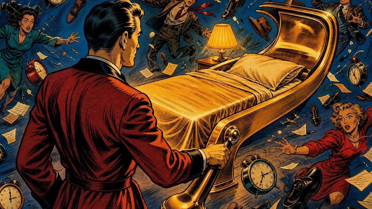 Retro strip ilustracija uz poruku dana „Zlatna kočnica kreveta”