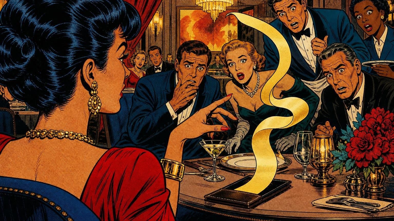 Retro strip ilustracija uz poruku dana „Račun bez presude”