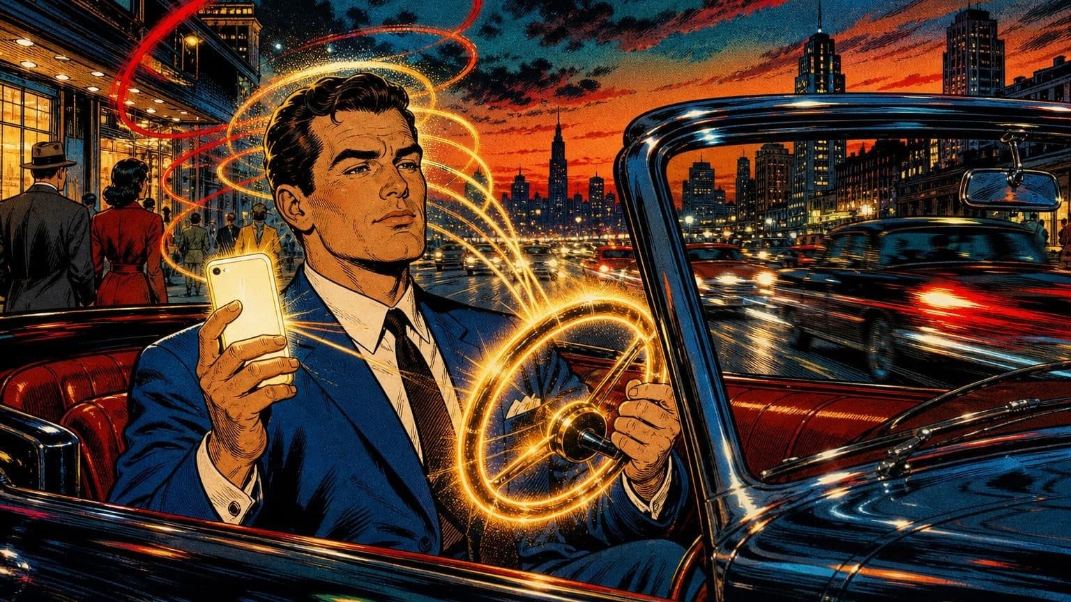 Retro strip ilustracija uz poruku dana „Volan za pažnju”