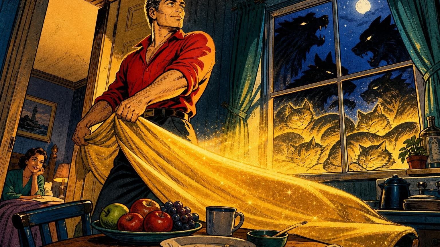 Retro strip ilustracija uz poruku dana „Večer bez oskudice”