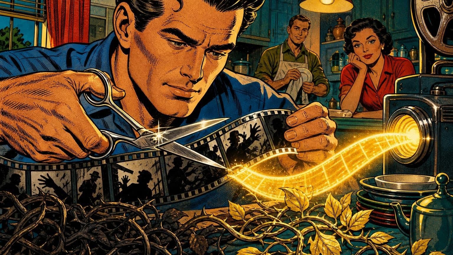 Retro strip ilustracija uz poruku dana „Urednik unutarnjeg filma”